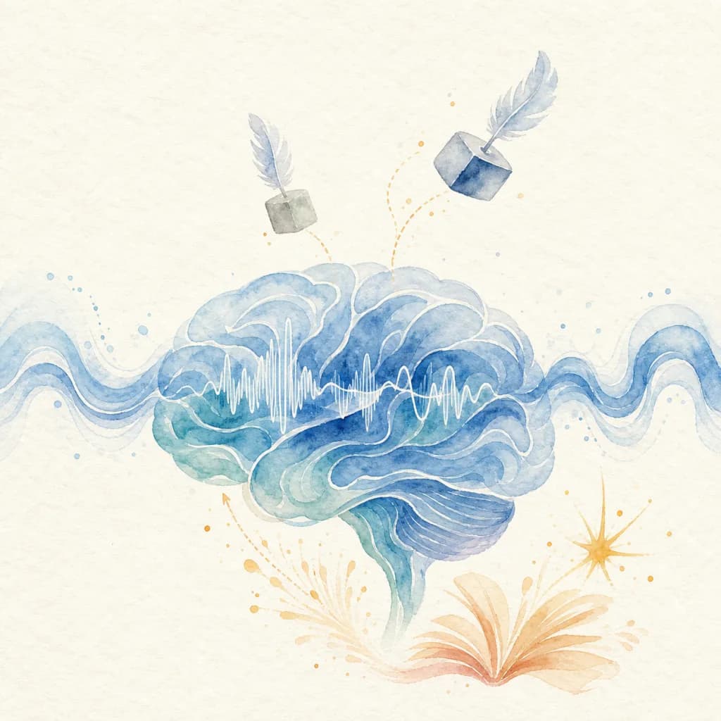 Watercolor brain formed from flowing audio waves