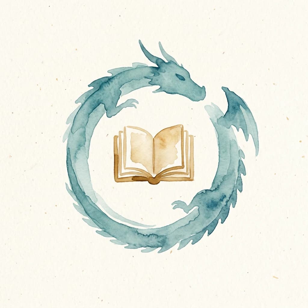 Watercolor dragon circling an open book