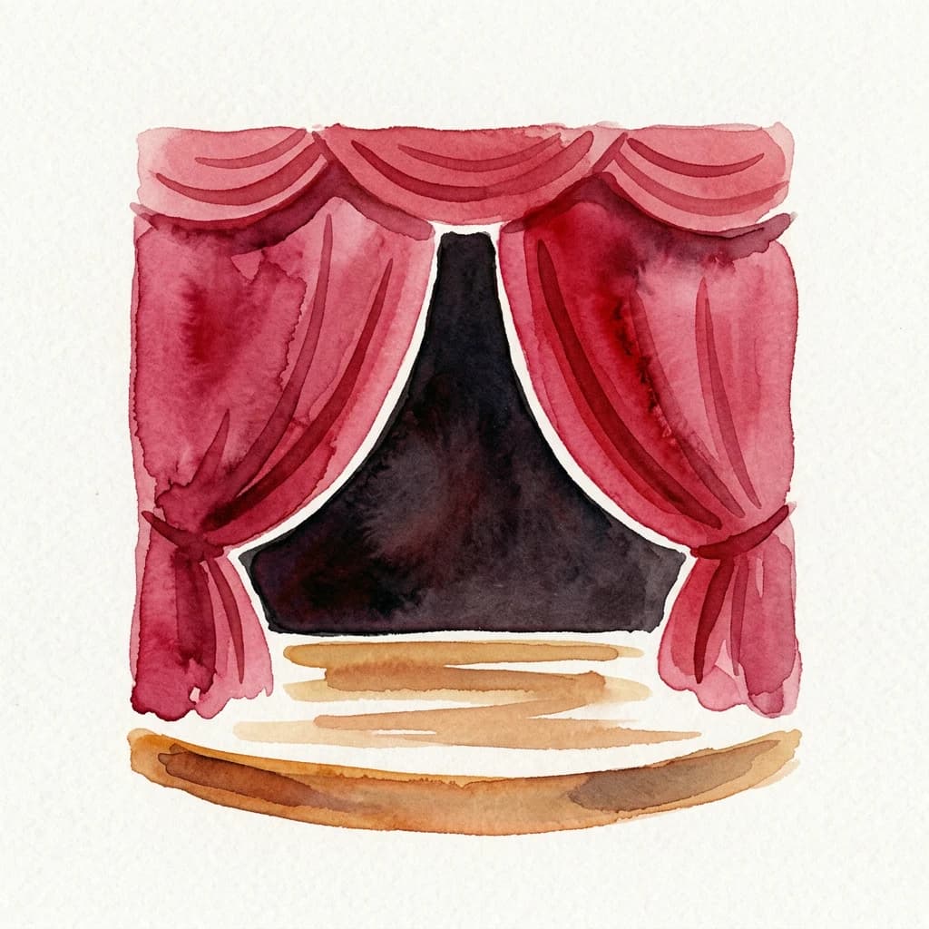 Watercolor theater stage with red curtains