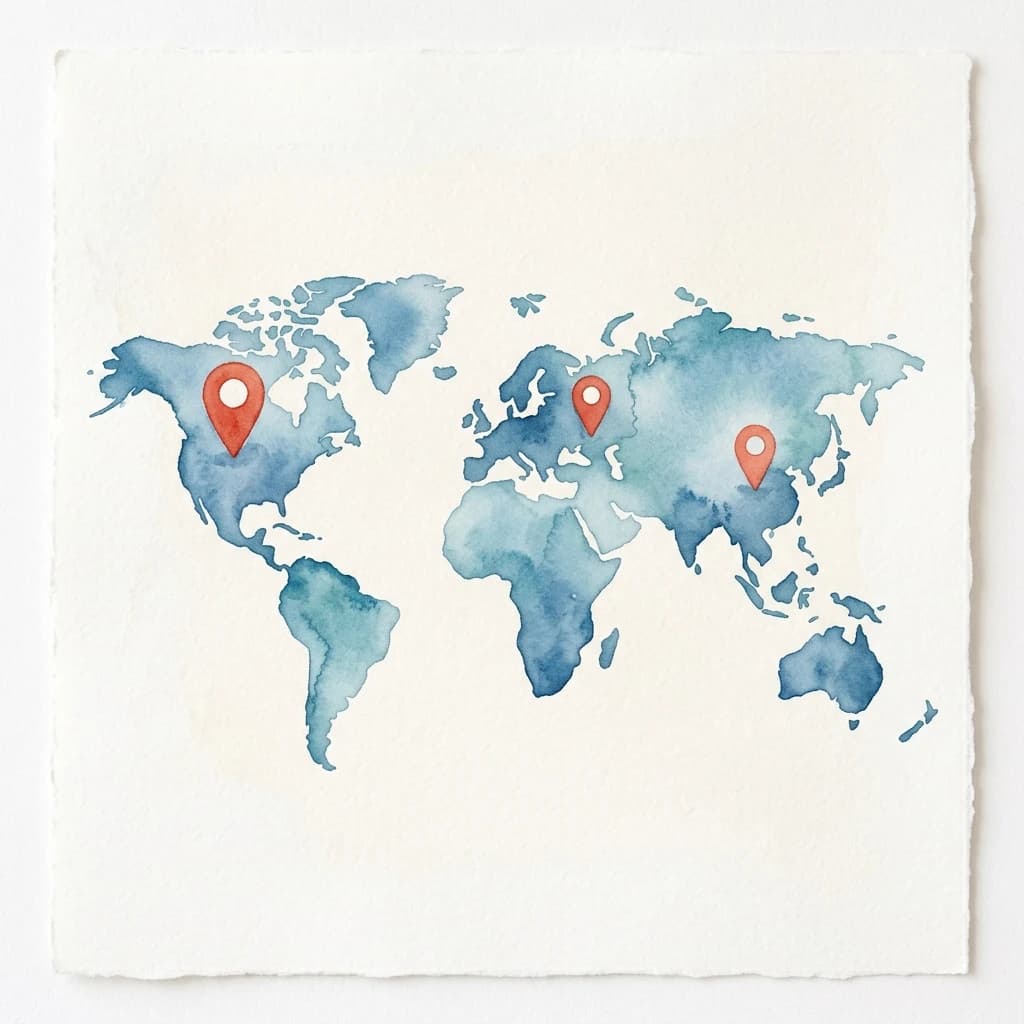 Watercolor world map with location pins