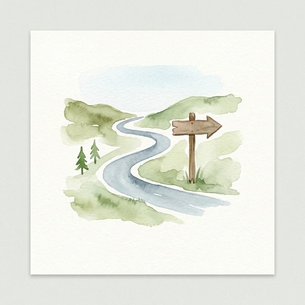 Watercolor signpost on a winding road